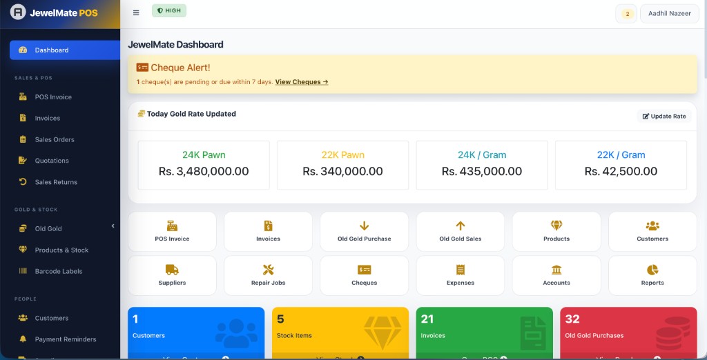JewelMate POS Dashboard — gold rates, POS billing, inventory, repair jobs, and reports